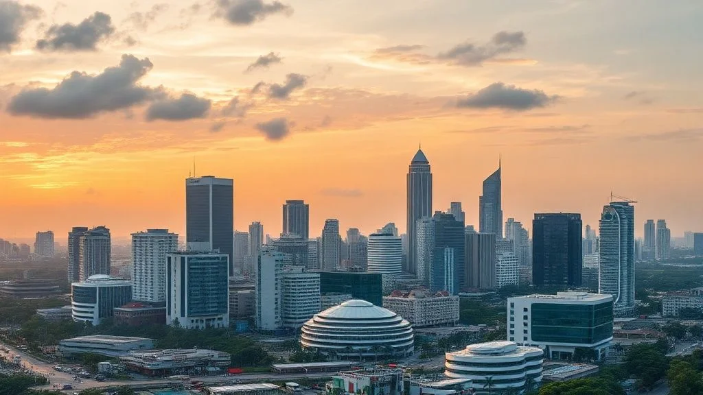 AI_images/Colombo_City_50435a40.webp: A breathtaking, high-resolution panoramic view of Colombo's modern skyline at dawn. The image features sleek, contemporary skyscrapers rising amidst lush tropical greenery, with the soft, golden light of the rising sun reflecting off the Indian Ocean. A subtle mist hangs over the water, evoking serenity and new beginnings.